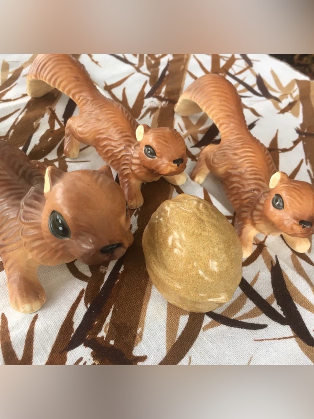 Vintage Mid Century Ceramic Squirrel Wall Climbers with Walnut 4 Piece Set Japan